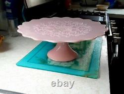 Rare Large Fenton Rose Pink Spanish Lace scalloped edge cake stand SUPER NICE