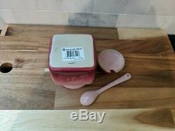 Rare Le Creuset Pale Rose Pink Strawberry Jam Jar with spoon stoneware NIB 15 oz
