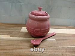 Rare Le Creuset Pink Rose Quartz Pig Bbq Pot sauce Jar with spoon 15 oz NIB