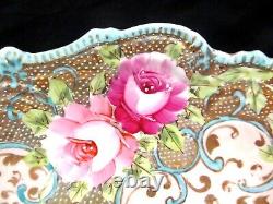 Rare Nippon hand painted pink rose and beaded gold gilt moriage charger Japan