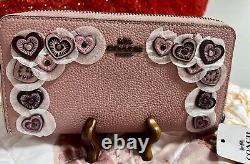 Rare Nwt Coach Dusty Rose Pink Heart Appliqué Long Zip Around Wallet Retail $275