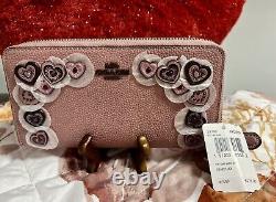 Rare Nwt Coach Dusty Rose Pink Heart Appliqué Long Zip Around Wallet Retail $275