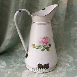 Rare Old PINK ROSE French ENAMELWARE BODY PITCHER Country Farm Delight 15.25H