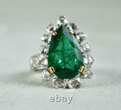 Rare Old Rose Cut CZ & Green Pear Cut Emerald 14.83CTW Engagement 925 SS Ring