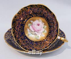 Rare PARAGON FLOATING PINK ROSE CUP & SAUCER COBALT & GOLD Hand Painted c1960s