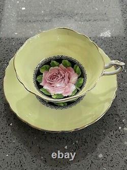 Rare PARAGON Floating Pink Rose Cup & Saucer Pastel yellow & Gold Lovely cond