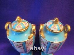 Rare Pair of MINTON Porcelain Vases with cover Pink Rose Bouquets