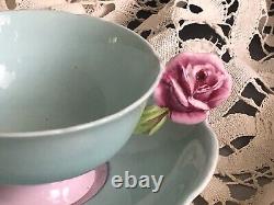 Rare Paragon Fine Bone China Teacup And Saucer Rose Handle Mint Green