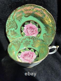 Rare Paragon Pink Rose Gold Decorated Green Tea Cup & Saucer