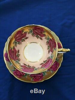 Rare Paragon Red Cabbage Rose Pink China Cup Saucer Heavy Gold A1437 wide mouth