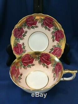 Rare Paragon Red Cabbage Rose Pink China Cup Saucer Heavy Gold A1437 wide mouth