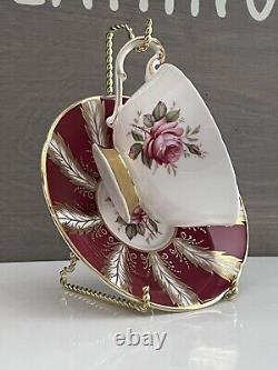 Rare Paragon Red & Gold Feather Teacup & Saucer Gold Gilt Pink Cabbage Rose