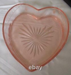 Rare Pink etched Depression Covered Heart Dresser Box