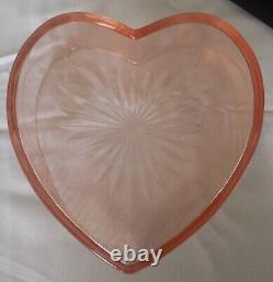 Rare Pink etched Depression Covered Heart Dresser Box