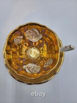 Rare Queen Anne Teacup And Saucer Ivory Rose Pattern Completely Gold Guilded