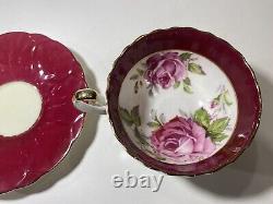 Rare Red Aynsley Teacup With Pink Cabbage Roses Tea Cup