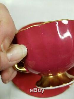 Rare Red Signed Aynsley Teacup & Saucer With Cabbage Rose Teacup J A Bailey