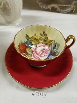 Rare Red Signed Aynsley Teacup & Saucer With Cabbage Rose Teacup J A Bailey