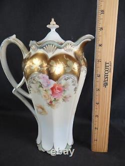 Rare Rs Prussia (um) Chocolate Pot Lustrous Tiffany-like Finish, Gold & Roses