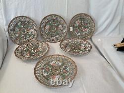 Rare Set of 6 Reticulated 7 Rose Medallion Famille 19c. Plates