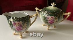 Rare Signed hp Roses-RS Prussia/Germany-Footed Set-Dk Green-Bowl/Sugar/Creamer
