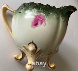 Rare Signed hp Roses-RS Prussia/Germany-Footed Set-Dk Green-Bowl/Sugar/Creamer