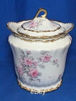 Rare Theodore Haviland Limoges China pink roses double gold trim biscuit jar
