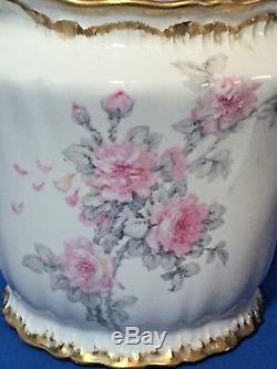 Rare Theodore Haviland Limoges China pink roses double gold trim biscuit jar