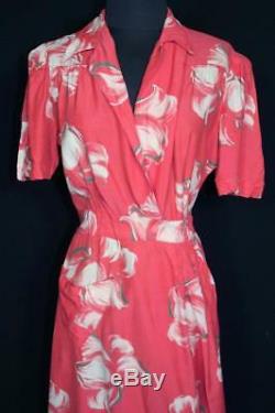 Rare Vintage 1940's Wwii Era Rose Pink Red Silky Rayon Floral Print Robe Size 8
