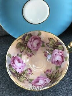 Rare Vintage AYNSLEY CABBAGE 4 Pink ROSE Teacup & Saucer Tea Cup Turquoise Teal
