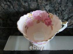 Rare Vintage Aynsley Light Pink Cabbage Roses Teacup & Saucer Ruffled Gold 0514
