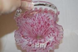 Rare Vintage Fenton Art Glass Ruffled Rim Basket Rose Mist Pink Vasa Murrhina