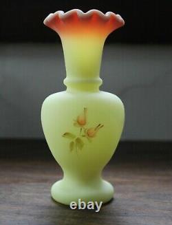 Rare Vintage Fenton Glass Burmese Hand Painted Signed Rose Vase