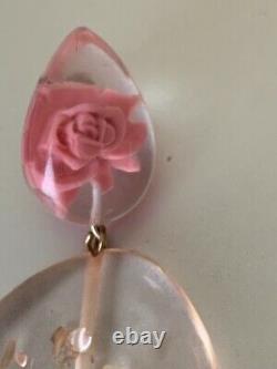 Rare Vintage French Designer Earrings Lucite Rose inclusion 9cm