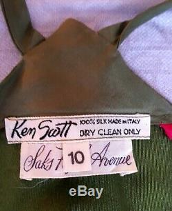 Rare Vintage Ken Scott Saks Fifth Av Silk Scarf Dress Rose Italy Small/Medium 10