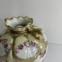 Rare Vintage Nippon Handpainted Pink And Gold Rose Bulbous Round Vase Decor