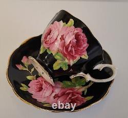 Rare Vintage Royal Albert teacup and saucer, pink roses on black background