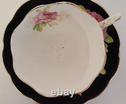 Rare Vintage Royal Albert teacup and saucer, pink roses on black background