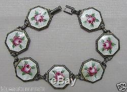 Rare Vintage Sterling & Guilloche White Pink Enamel Rose Saints Bracelet 7