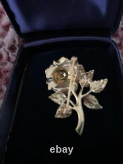 Rare Vintage Tiffany & Co 14K Yellow Gold Diamond Rose Flower Pin Brooch