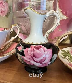 Rare Vtg 1940s Paragon Floating Pink Rose Black Small Ewer Double Warrant Gold