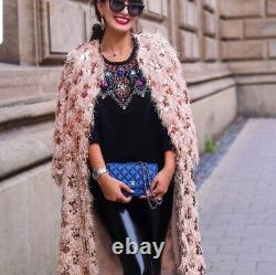 Rare Zara Pink Rose Gold Sequinned Fringed Coat Belt Jacket Kimono Size Xs-s