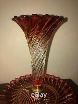 Rare mint Victorian baccarat glass crystal epergne rose tiente France 10 Signed
