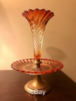 Rare mint Victorian baccarat glass crystal epergne rose tiente France 10 Signed