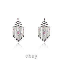 Rose Pink Sapphire, Black Onyx & White CZ Cherry Blossom Chandelier Rare Earring