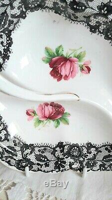 Royal Albert Senorita Rare Divided Serving Dish 1950's Black Lace Pink Roses