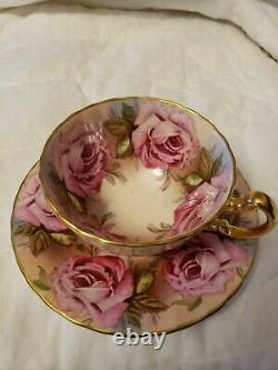 STUNNING and RARE Aynsley 9 Pink Cabbage Roses Teacup and Saucer- EXCELLENT
