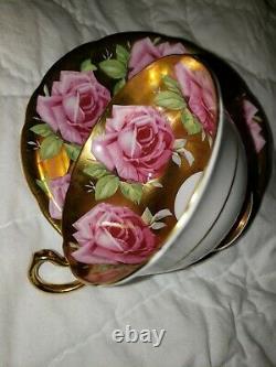 STUNNING and RARE Aynsley GOLD-9 Pink Cabbage Roses Teacup and Saucer- EXCELLENT