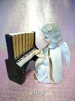 SUPER RARE VTG Japan Angel Girl Playing Organ Piano Pink Rose Figurine Set