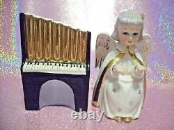 SUPER RARE VTG Japan Angel Girl Playing Organ Piano Pink Rose Figurine Set